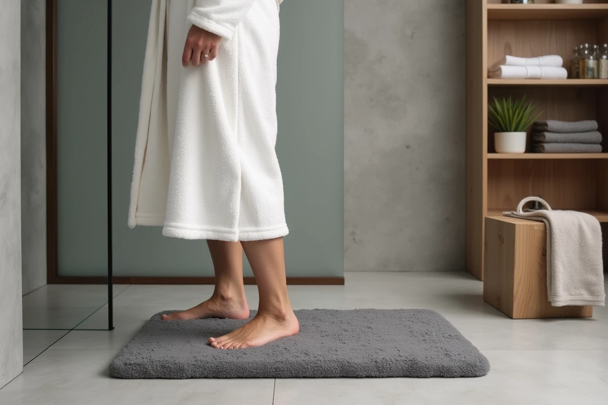 Femme en robe de bain sortant de douche sur un grand tapis antidérapant gris anthracite 60x90cm en salle de bain moderne