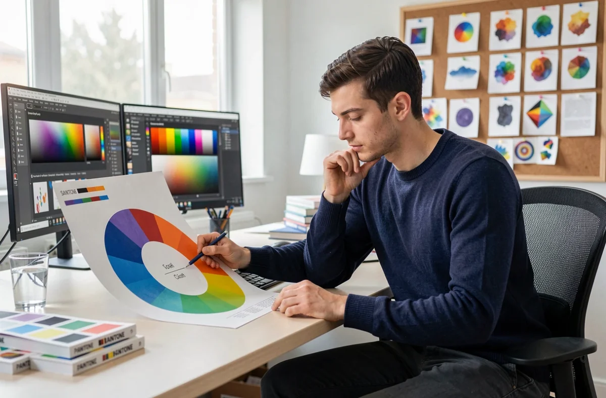 Graphiste étudiant un poster de théorie des couleurs avec le cercle chromatique et la complémentaire du bleu dans un studio de design moderne