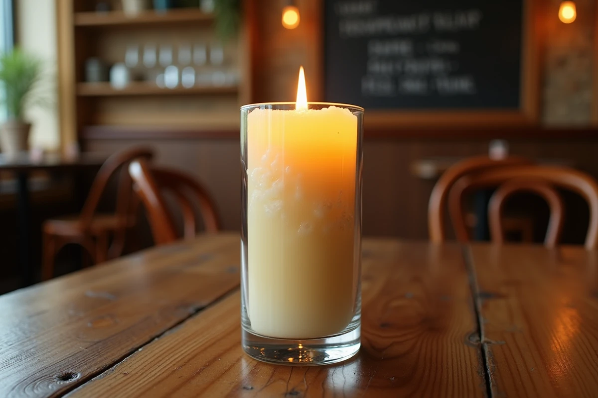Gros plan d'une bougie fausse flamme LED dans un verre cylindrique sur une table en bois de bistrot