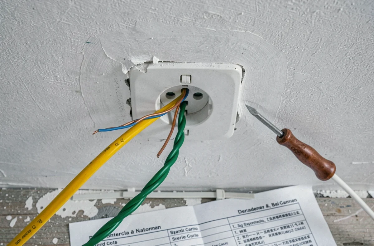 Gros plan sur le câblage intérieur d'une prise téléphonique murale avec fils et tournevis