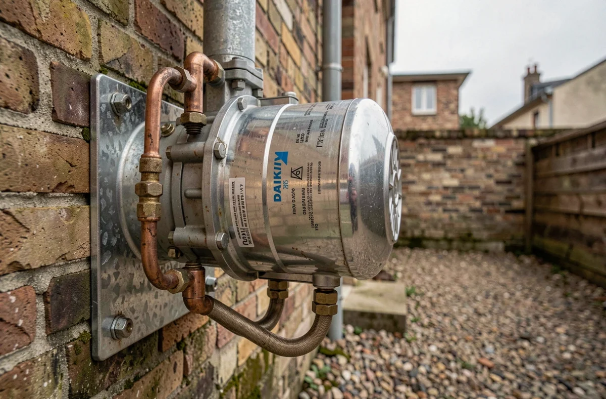 Gros plan sur un compresseur de pompe à chaleur Daikin fixé sur un support mural extérieur