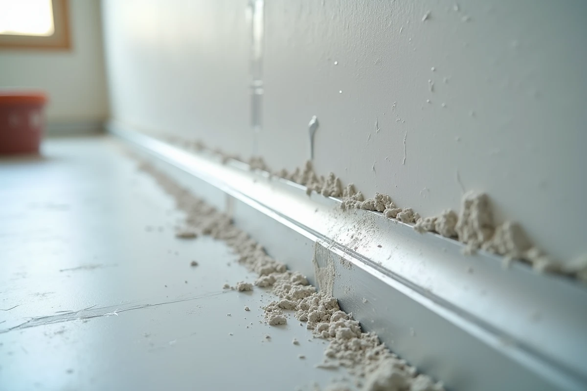 Gros plan d'une cornière en aluminium installée sur un angle de cloison en plaque de plâtre avec enduit frais appliqué