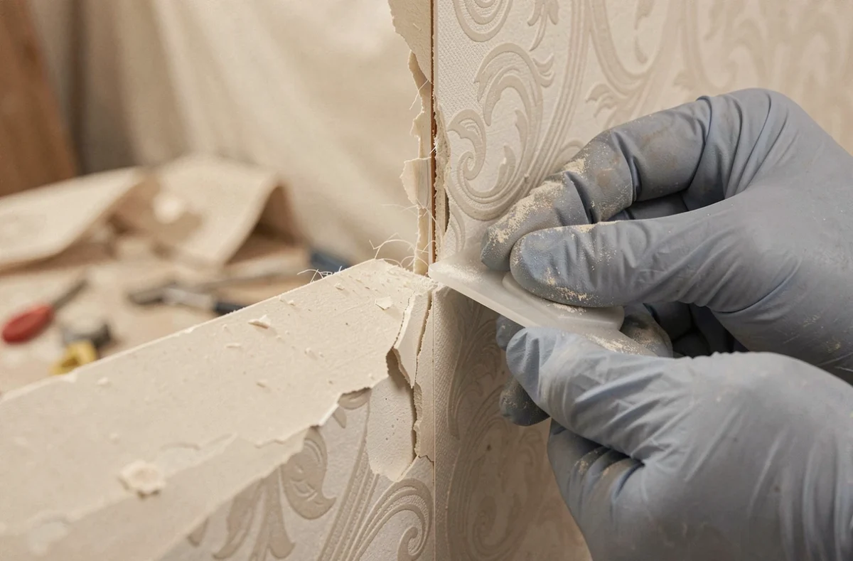 Gros plan sur une main utilisant une spatule souple pour décoller délicatement du papier peint sur plaque de plâtre sans l'abîmer