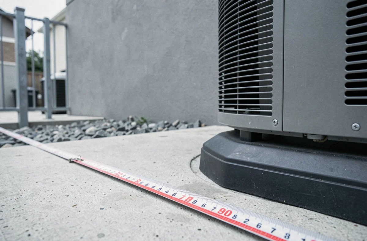 Gros plan sur une pompe à chaleur avec mètre ruban au sol indiquant la distance minimale réglementaire