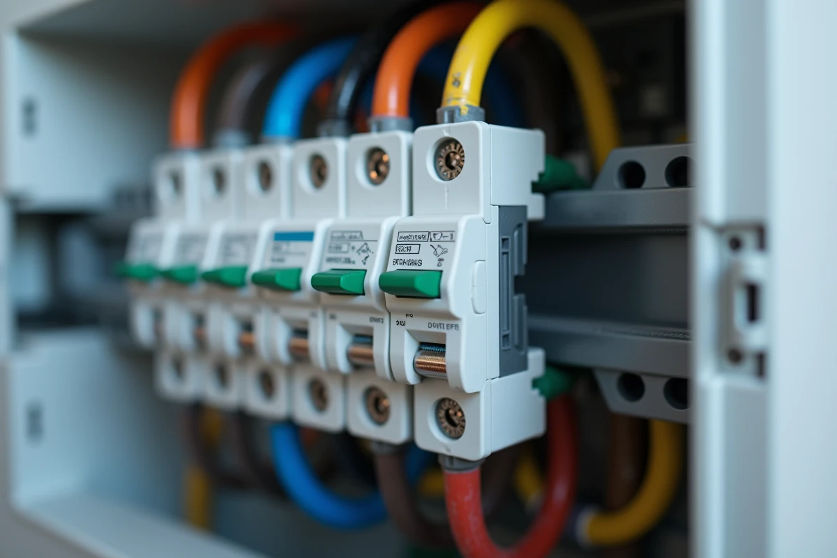 Gros plan sur une prise électrique modulaire installée sur rail DIN dans un tableau électrique résidentiel avec câblage conforme NFC 15-100