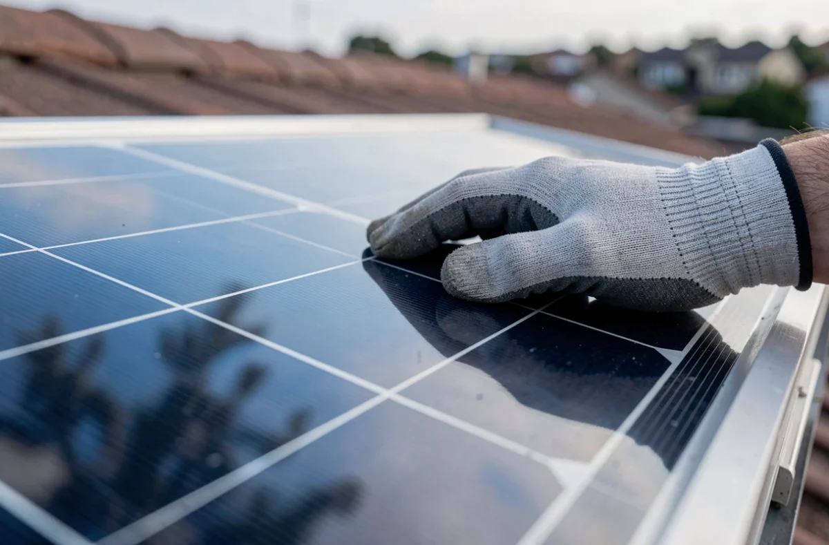 Gros plan sur la surface d'un panneau solaire photovoltaïque inspecté à la main sur un toit