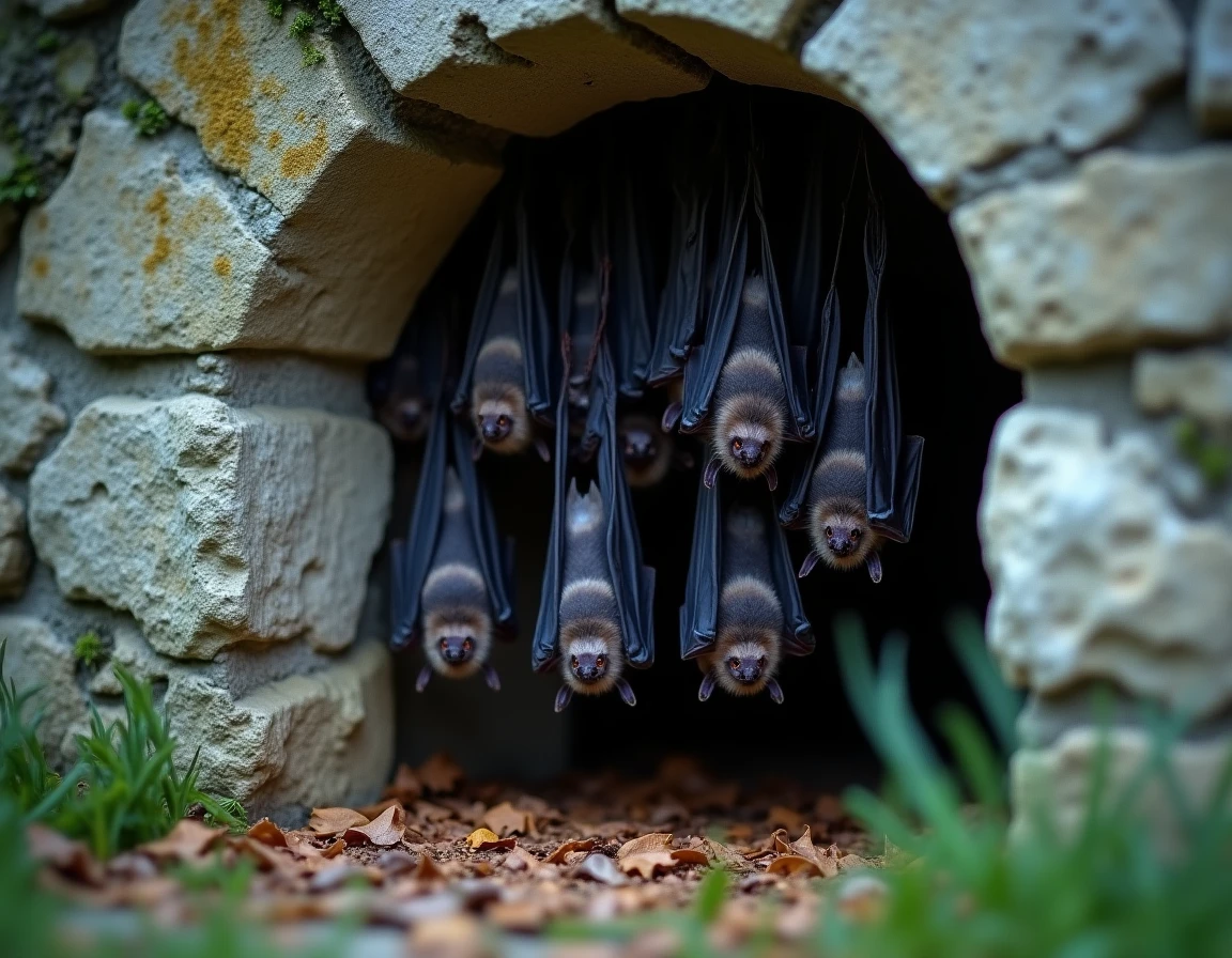 Groupe de chauves-souris accrochées à une arche en pierre d'une ferme ancienne au crépuscule, signe et signification de leur présence dans une maison