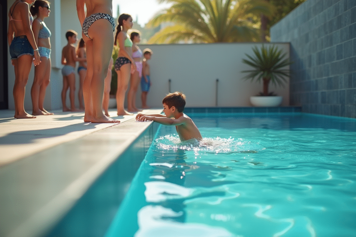 Groupe de personnes au bord d'une piscine moderne en été