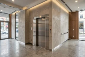Hall d'immeuble avec porte d'ascenseur en inox fermée