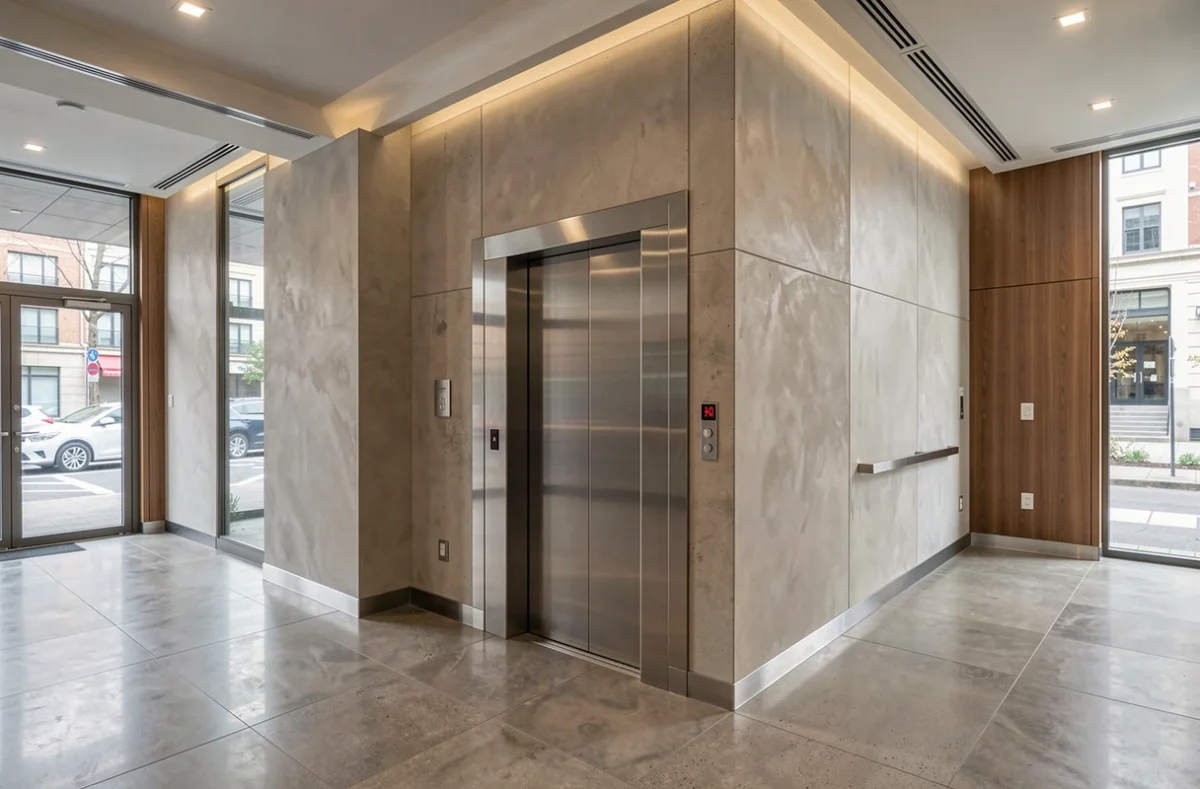 Hall d'immeuble avec porte d'ascenseur en inox fermée