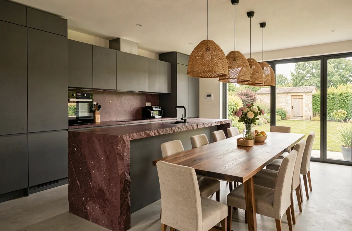Cuisine ouverte sur salle à manger conçue par Herce Design à Farnay avec îlot en pierre et table en noyer