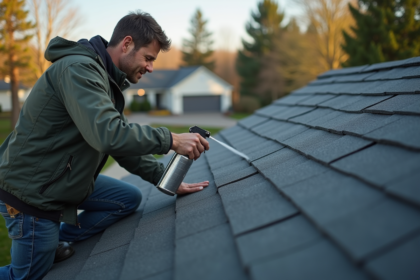 Homme appliquant un produit sur des tuiles d'ardoise sombre