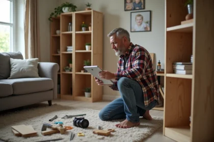 Homme d'âge moyen étudie une tablette près d'une étagère en bois