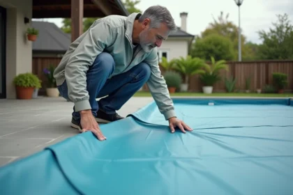 Homme en jeans et coupe-vent couvre une piscine dans le jardin