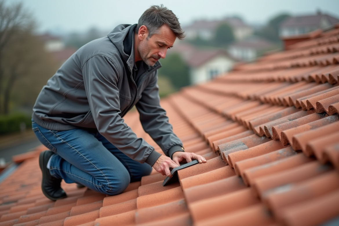 Hommes en train de poser des tuiles en toiture terracotta