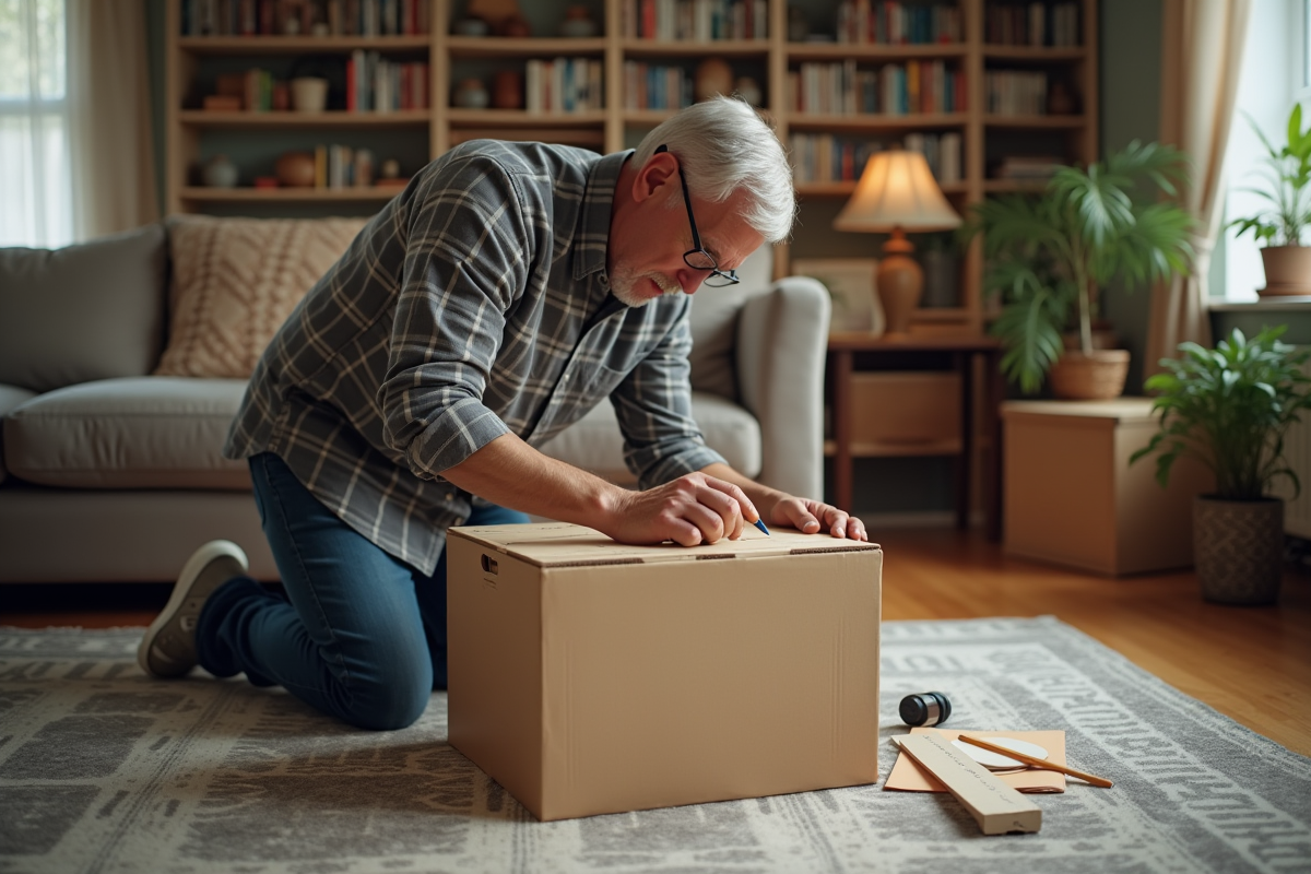 Homme mesure un carton dans un salon chaleureux