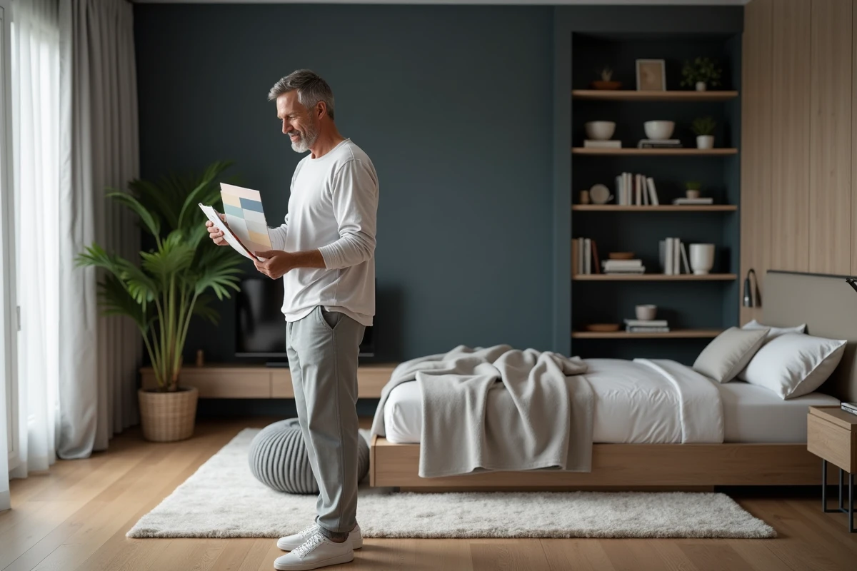 Homme choisissant un échantillon de peinture dans un salon moderne