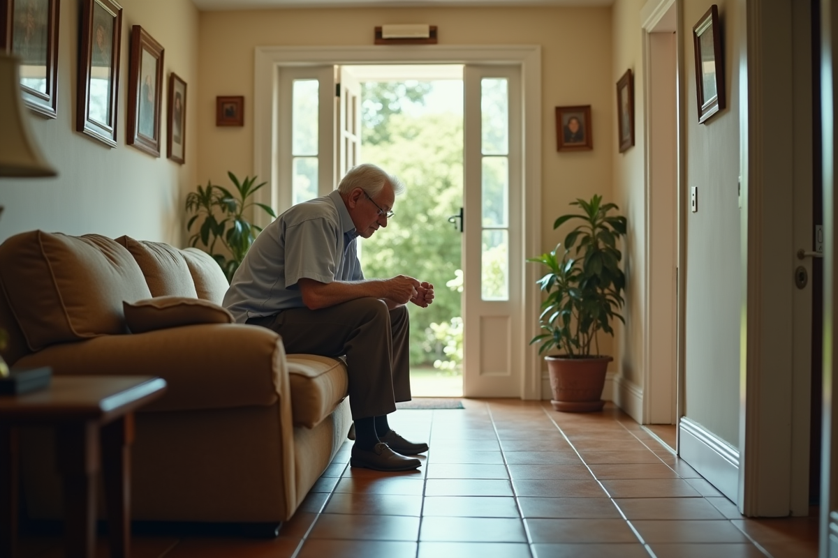 Homme plus âgé reposant après avoir déplacé un canapé vintage dans un couloir