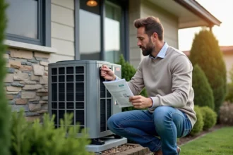 Homme examinant une pompe à chaleur moderne devant une maison