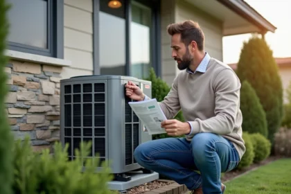 Homme examinant une pompe à chaleur moderne devant une maison