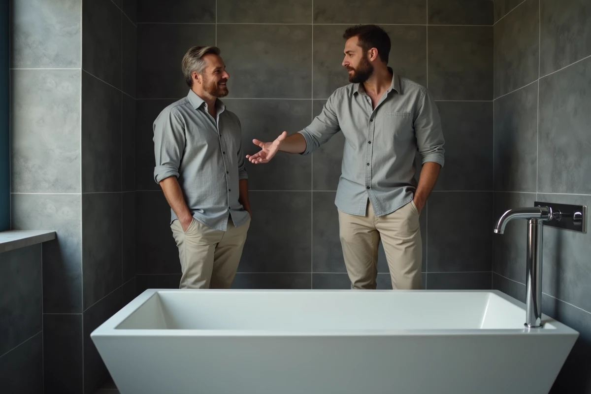Homme de grande taille comparant sa morphologie à la longueur d'une baignoire encastrée pour choisir le bon volume