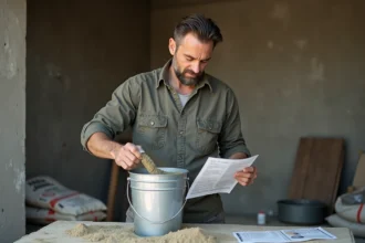 Homme en vêtements de travail verse du ciment dans un seau