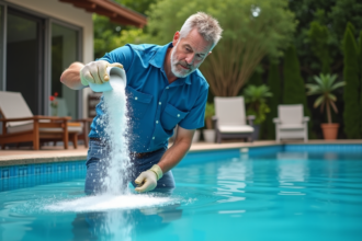 Homme en tenue de piscine verse du floculant dans une piscine
