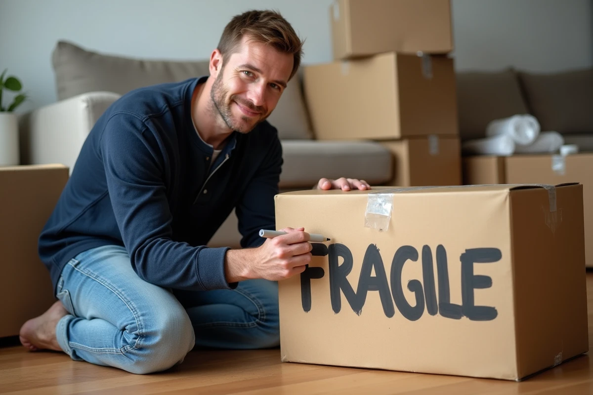 Homme marquant un carton de déménagement fragile contenant de la vaisselle avec un marqueur noir dans un salon