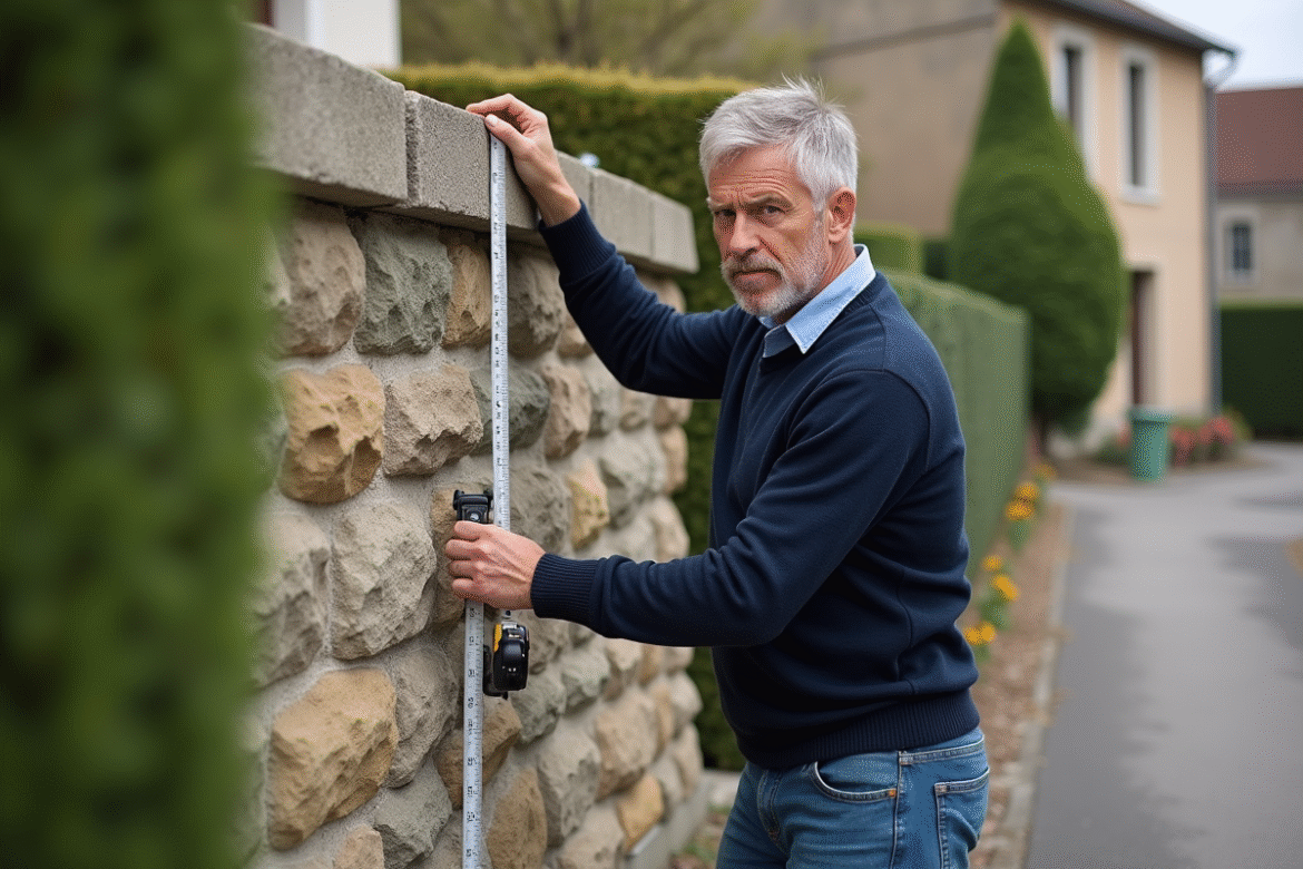 Homme mesurant un mur en pierre dans un village français