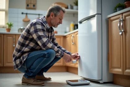 Homme d'âge moyen près d'un réfrigérateur dans une cuisine moderne