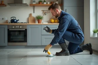 Homme en overalls nettoyant un sol de cuisine moderne