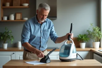 Homme d'âge moyen inspectant un nettoyeur vapeur dans une cuisine moderne