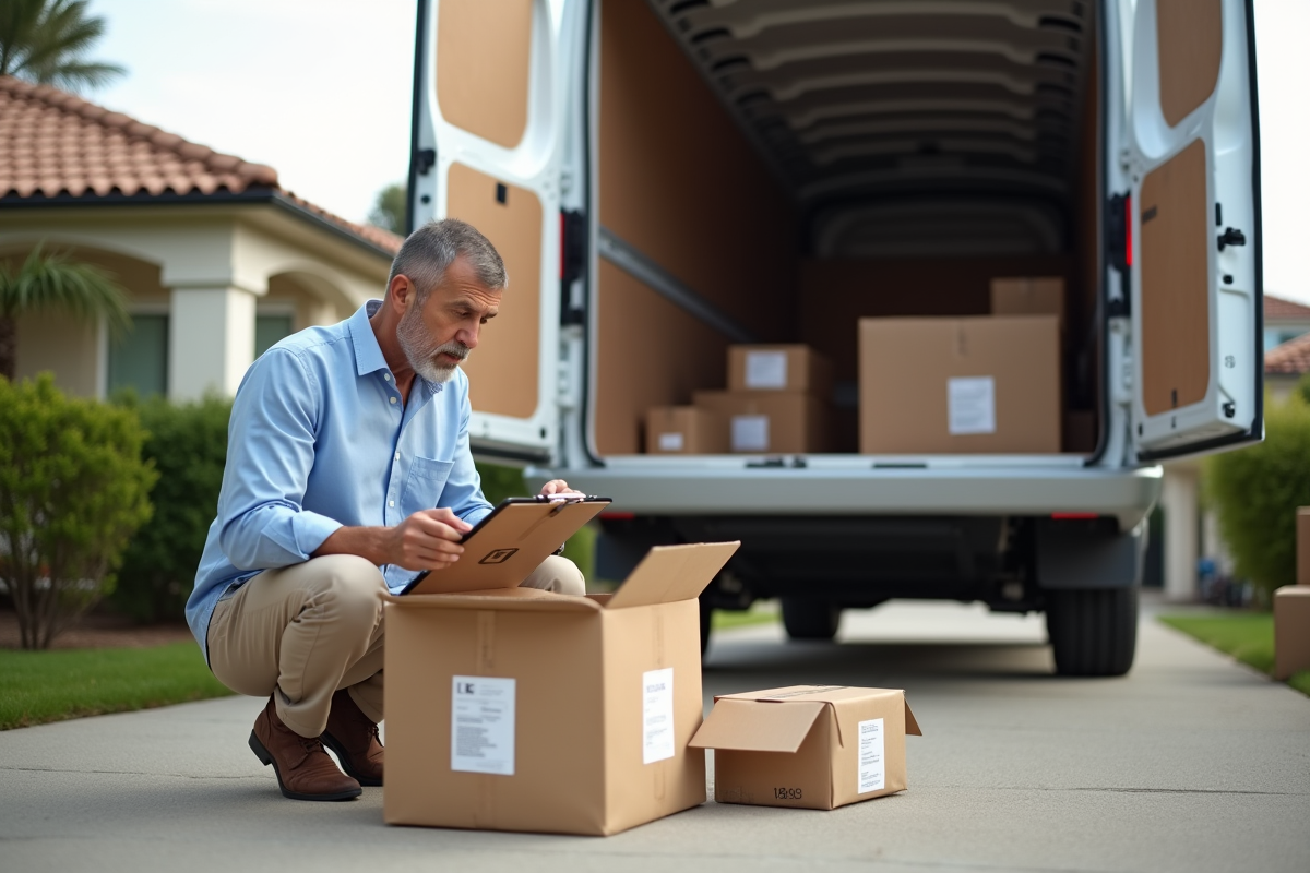 Homme organisant des cartons devant une maison en dehors