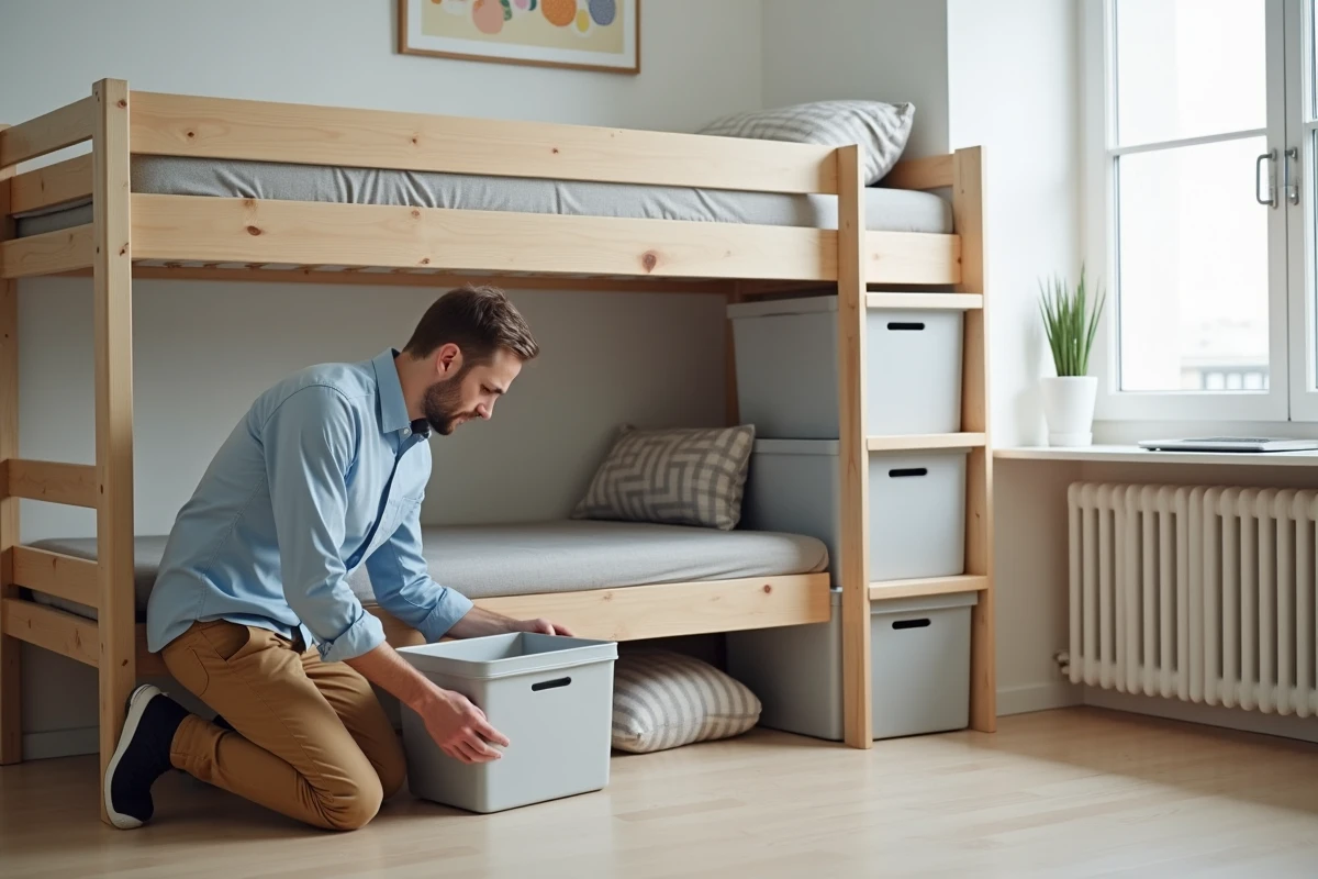 Homme arrange des cubes de rangement sous un lit en chambre moderne