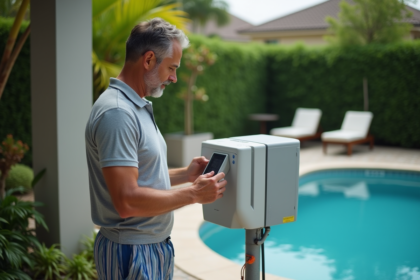Homme d'âge moyen lisant le panneau de contrôle d'une pompe à chaleur extérieure