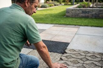 Homme en casual touchant des pavages décoratifs en extérieur