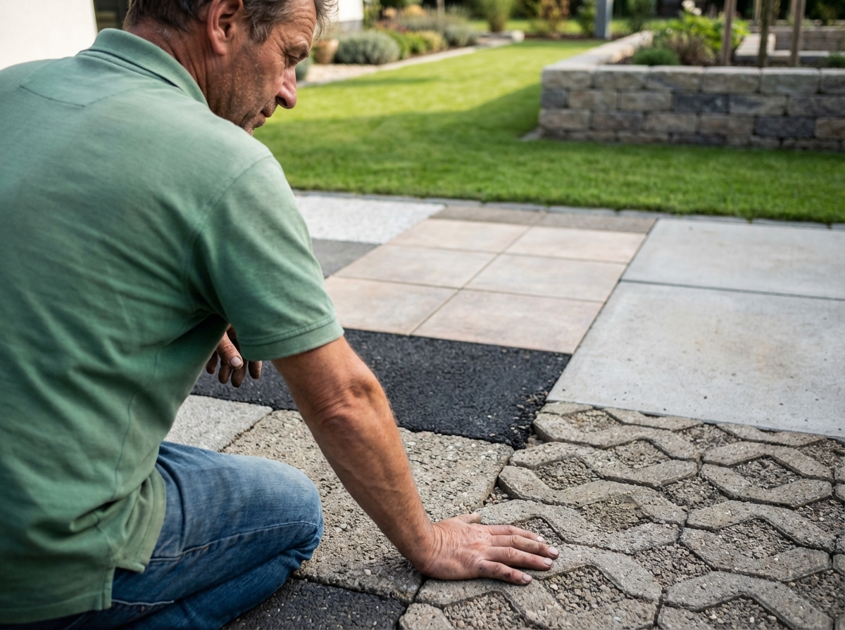 Homme en casual touchant des pavages décoratifs en extérieur