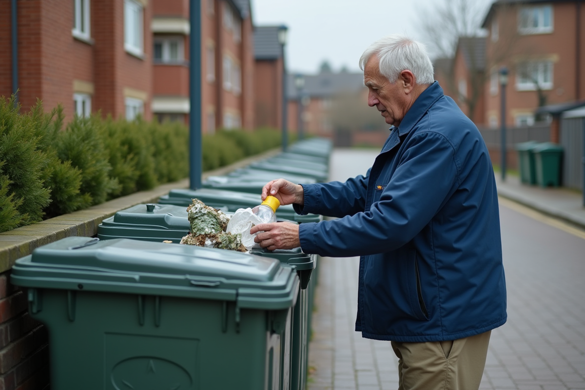 Homme âgé déposant des recyclables dans un point de collecte urbain