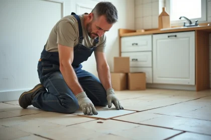 Homme en salopette posant un carrelage dans une cuisine