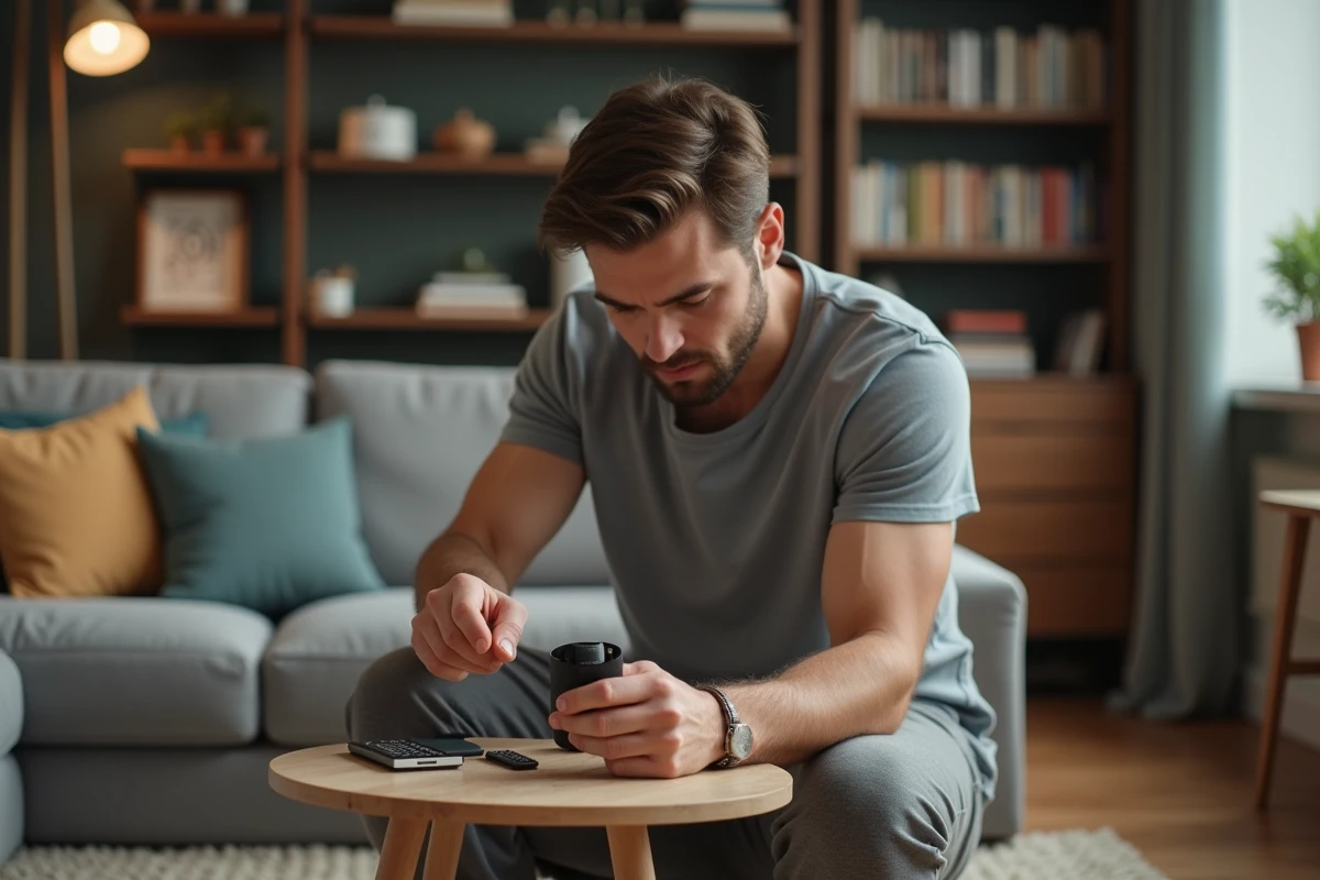 Jeune homme répare une télécommande dans le salon