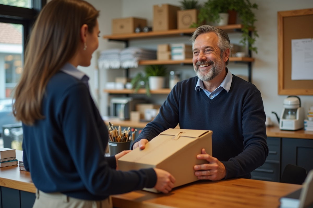 Homme remettant un colis à un facteur dans un bureau de poste