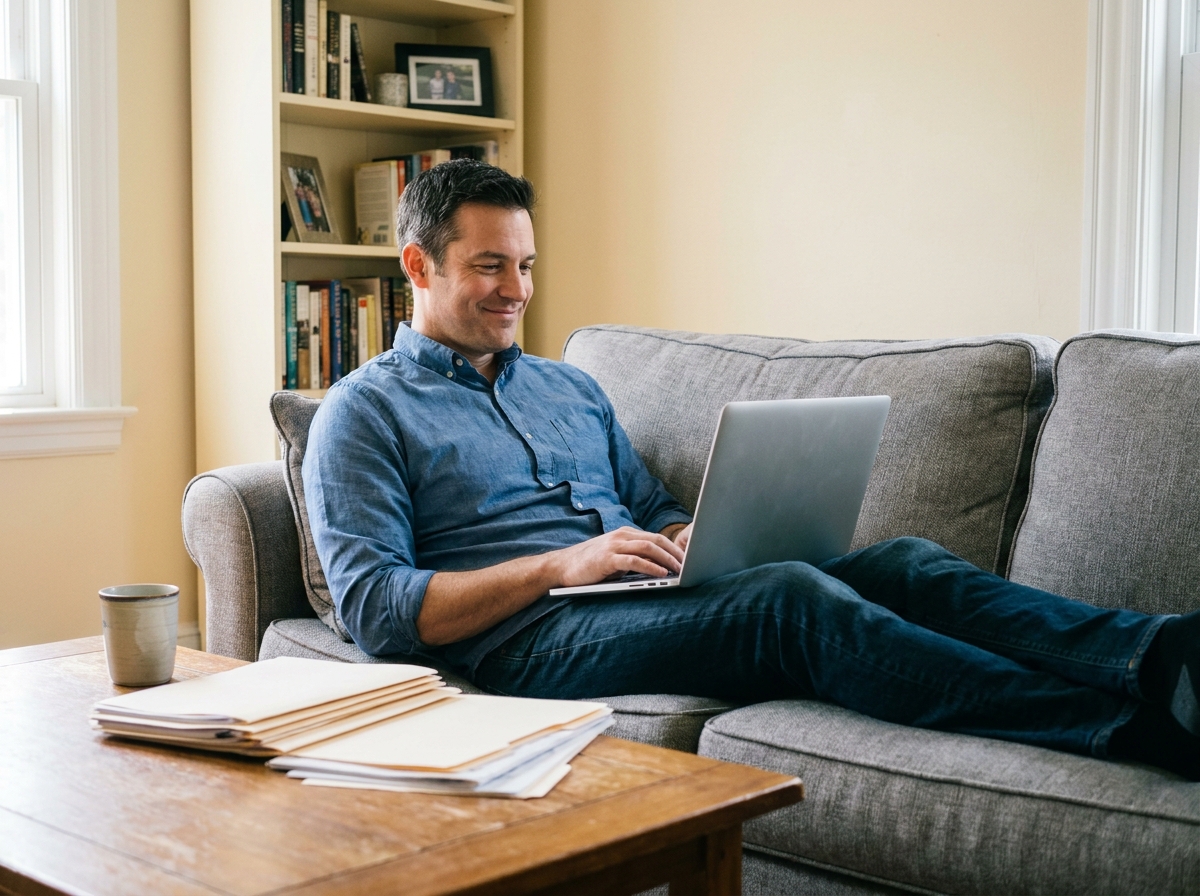 Homme souriant avec ordinateur portable dans un salon moderne