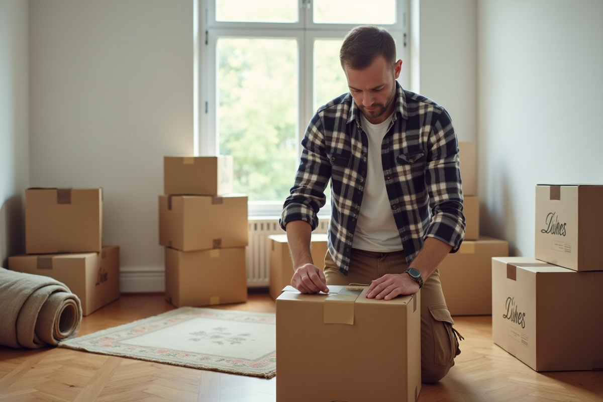 Homme scellant un carton de vaisselle dans un salon vide