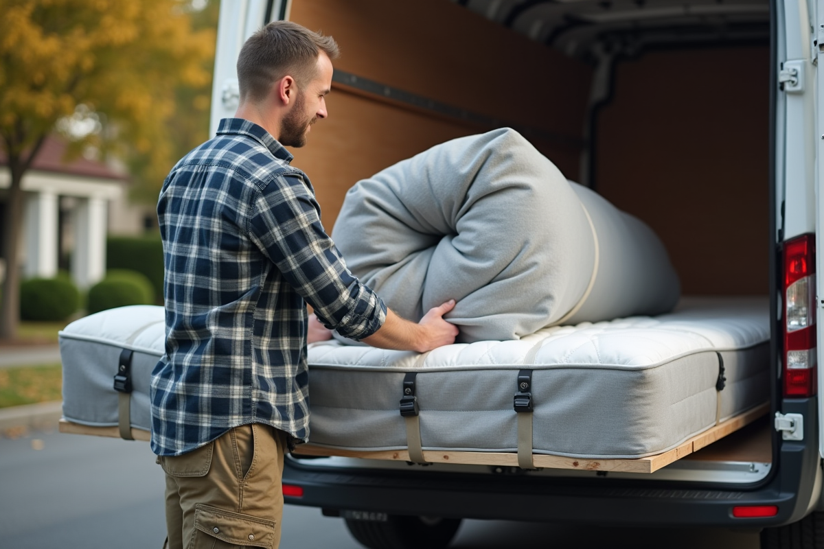 Homme attachant un matelas dans une camionnette de déménagement