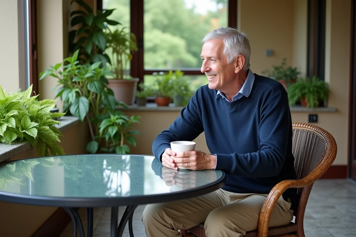Homme âgé souriant assis à une table de jardin protégée