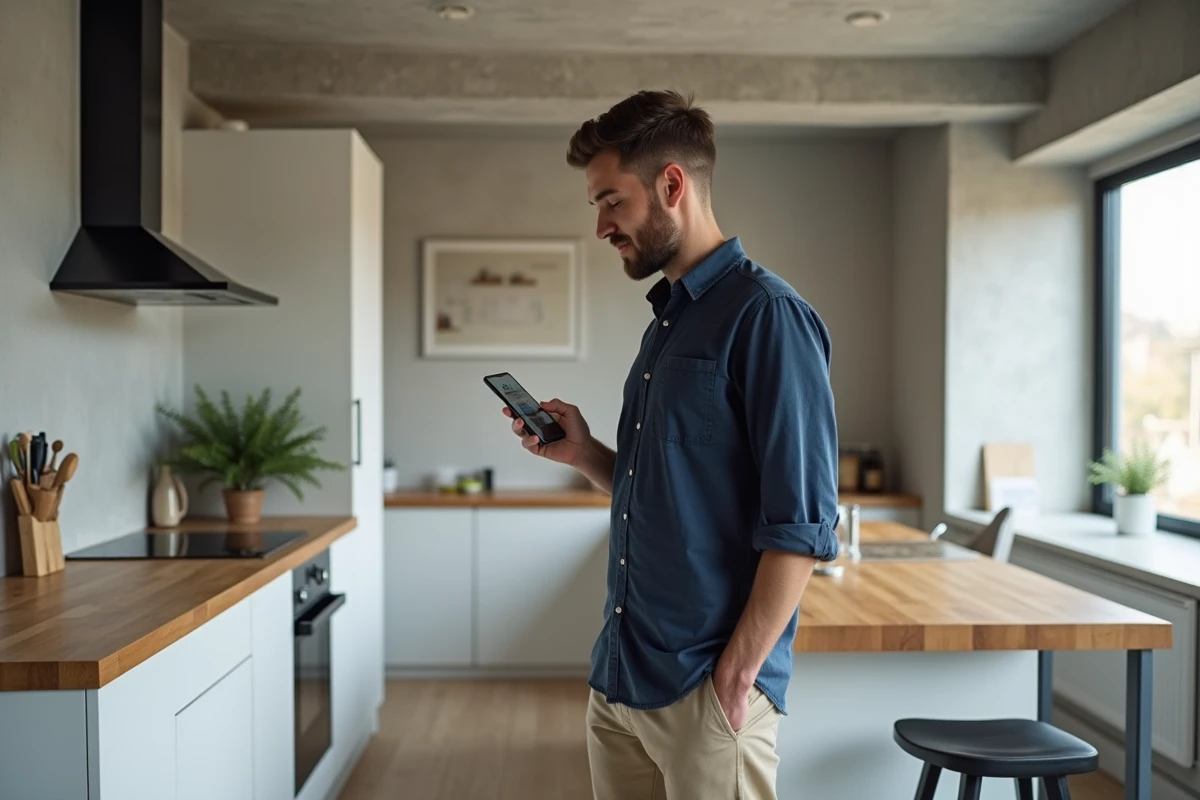 Homme consultant une application de décoration sur smartphone dans un petit appartement ouvert cuisine-salon à aménager avec style