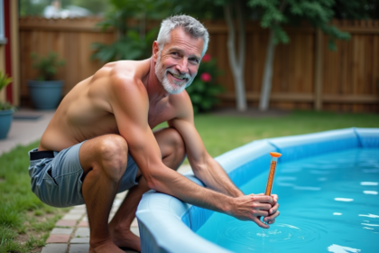 Homme souriant testant l'eau de la piscine dans le jardin