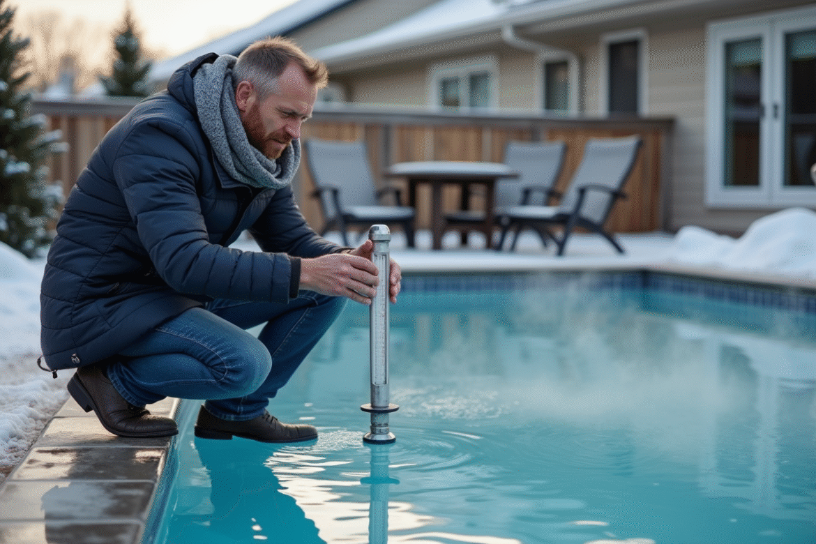 Homme d'âge moyen avec thermomètre de piscine en hiver
