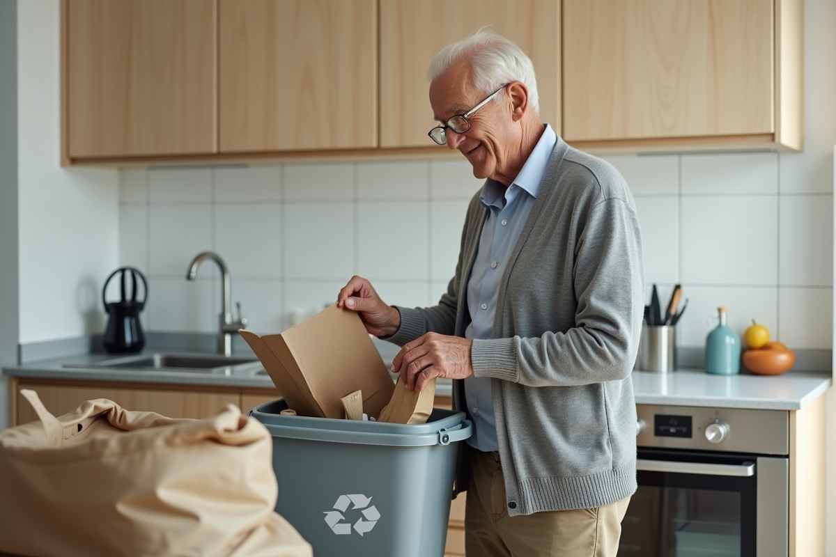 Homme âgé triant des objets dans une cuisine minimaliste