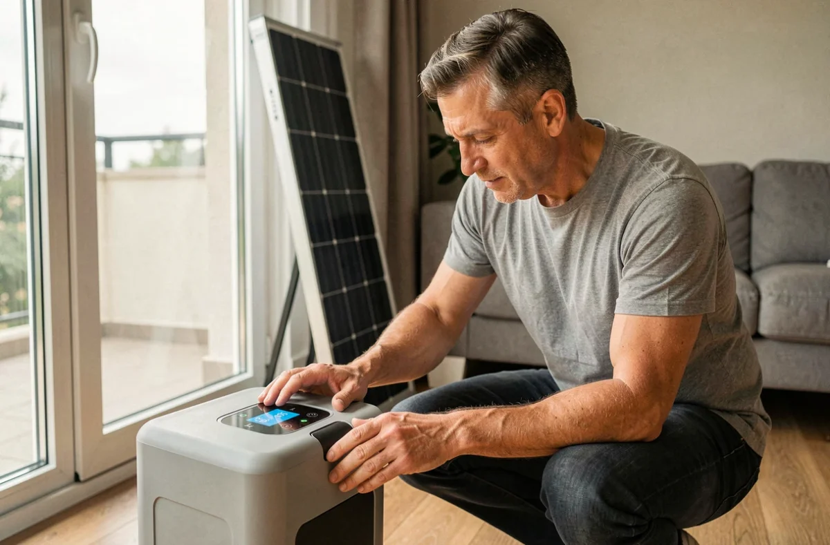Homme vérifiant l'état de charge d'une batterie de panneau solaire plug and play dans un salon moderne